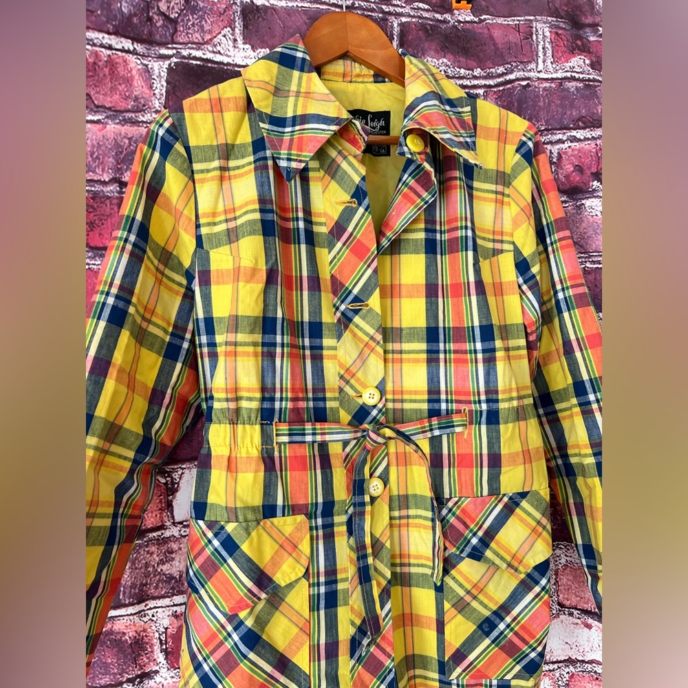 Vintage 60’s Debbie Leigh yellow cotton plaid preppy belted rain coat jacket - Picture 2 of 10